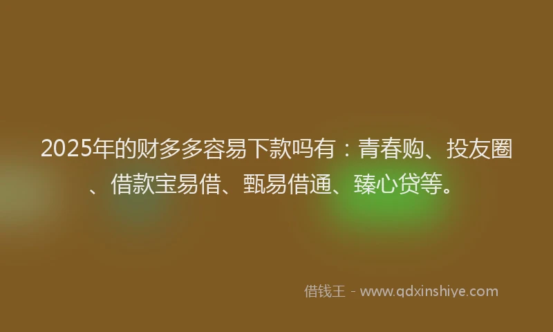 2025年的财多多容易下款吗有:青春购、投友圈、借款宝易借、甄易借通、臻心贷等。