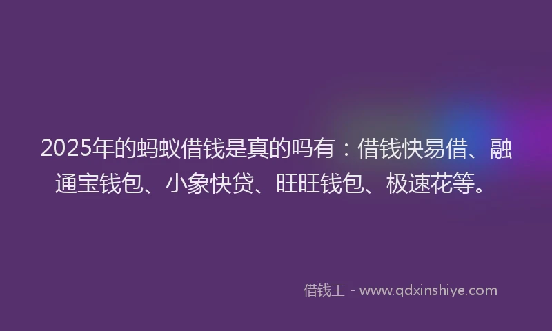 2025年的蚂蚁借钱是真的吗有:借钱快易借、融通宝钱包、小象快贷、旺旺钱包、极速花等。