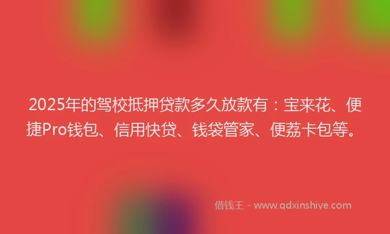 2025年的驾校抵押贷款多久放款有:宝来花、便捷Pro钱包、信用快贷、钱袋管家、便荔卡包等。