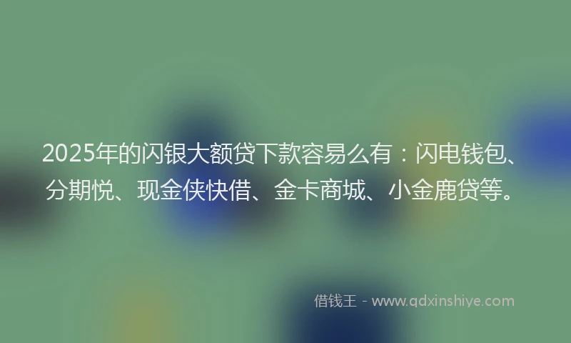 2025年的闪银大额贷下款容易么有:闪电钱包、分期悦、现金侠快借、金卡商城、小金鹿贷等。