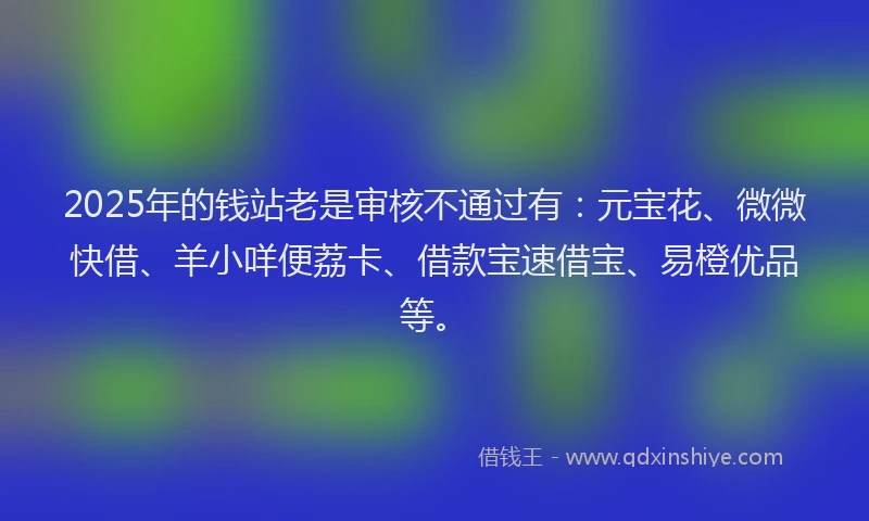 2025年的钱站老是审核不通过有：元宝花、微微快借、羊小咩便荔卡、借款宝速借宝、易橙优品等。