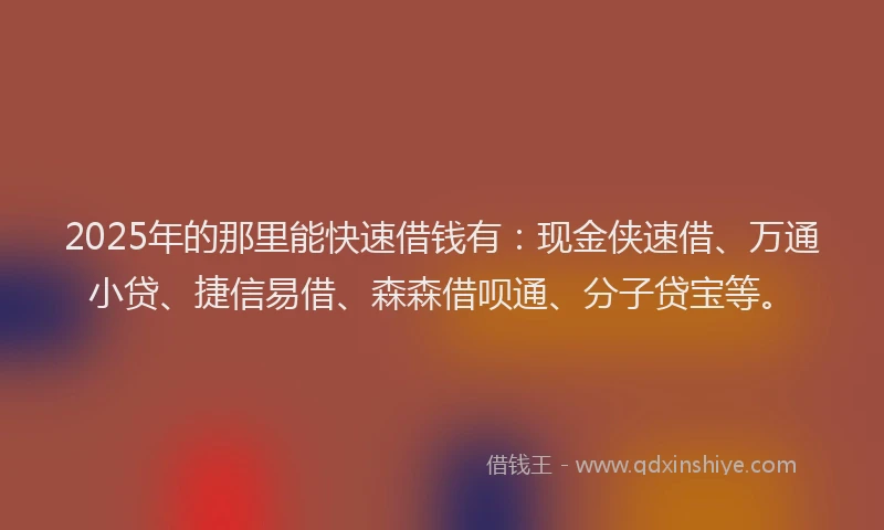 2025年的那里能快速借钱有：现金侠速借、万通小贷、捷信易借、森森借呗通、分子贷宝等。