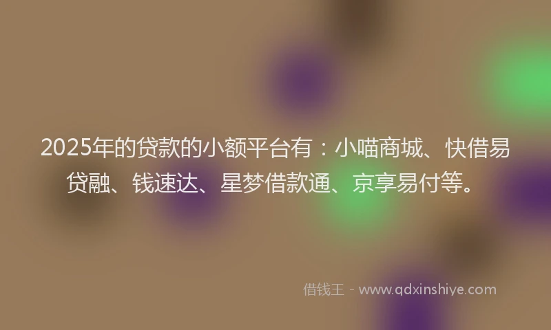 2025年的贷款的小额平台有:小喵商城、快借易贷融、钱速达、星梦借款通、京享易付等。
