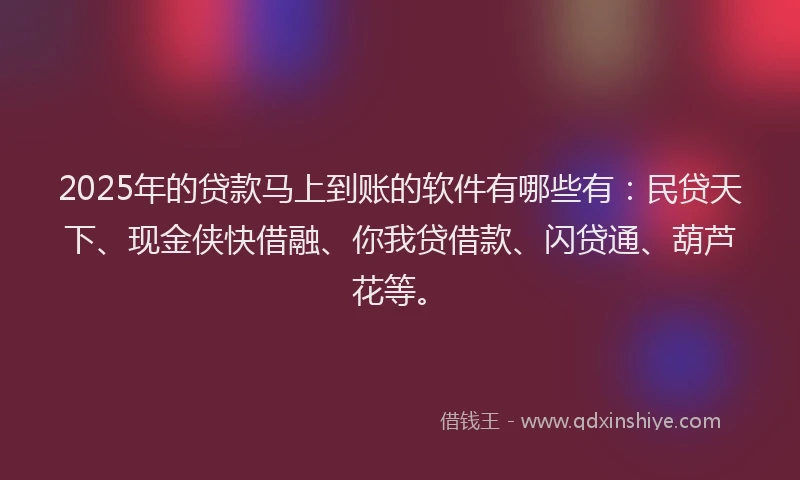 2025年的贷款马上到账的软件有哪些有:民贷天下、现金侠快借融、你我贷借款、闪贷通、葫芦花等。