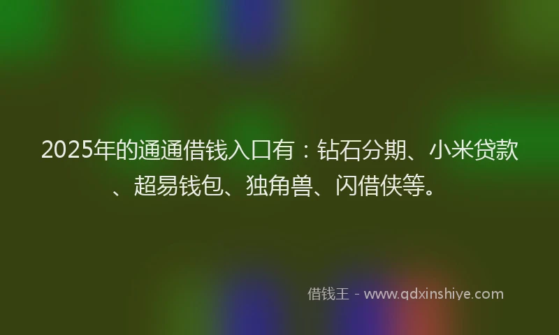 2025年的通通借钱入口有：钻石分期、小米贷款、超易钱包、独角兽、闪借侠等。