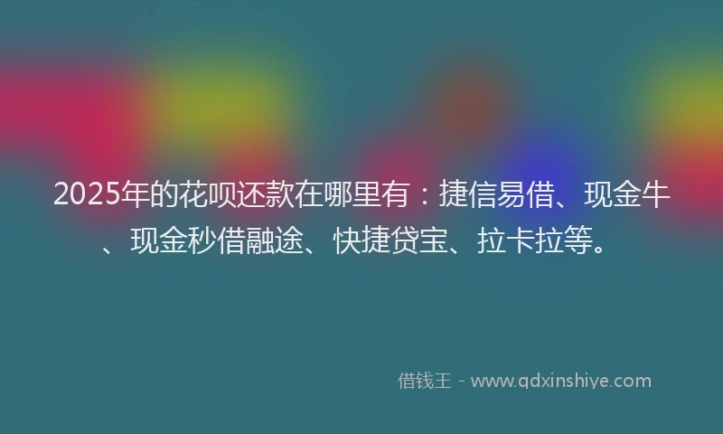 2025年的花呗还款在哪里有：捷信易借、现金牛、现金秒借融途、快捷贷宝、拉卡拉等。