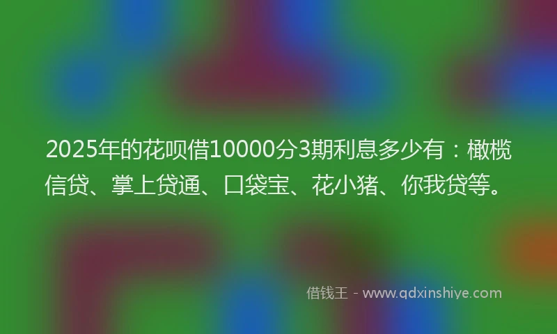 2025年的花呗借10000分3期利息多少有：橄榄信贷、掌上贷通、口袋宝、花小猪、你我贷等。