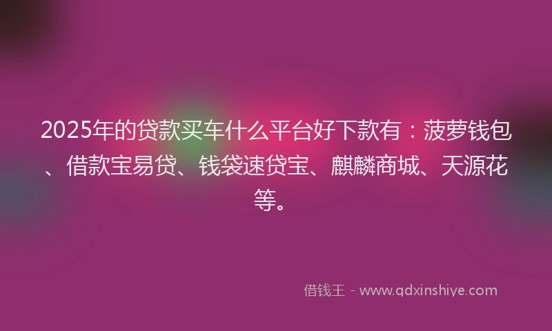 2025年的贷款买车什么平台好下款有:菠萝钱包、借款宝易贷、钱袋速贷宝、麒麟商城、天源花等。