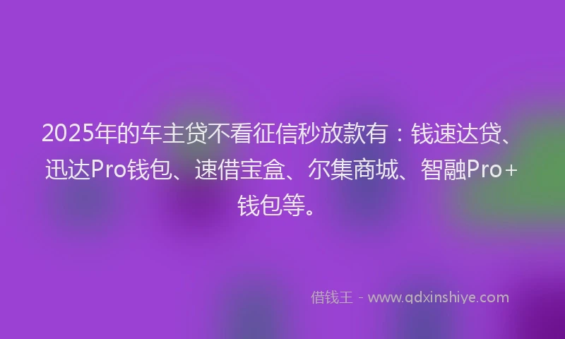 2025年的车主贷不看征信秒放款有:钱速达贷、迅达Pro钱包、速借宝盒、尔集商城、智融Pro+钱包等。