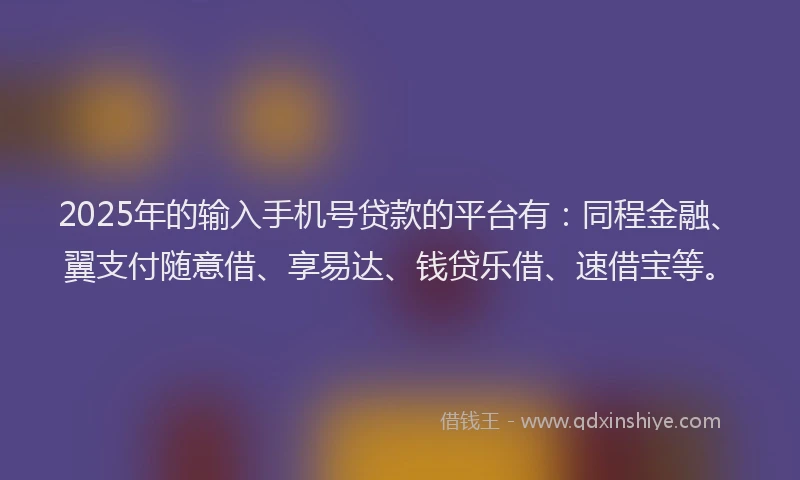 2025年的输入手机号贷款的平台有:同程金融、翼支付随意借、享易达、钱贷乐借、速借宝等。