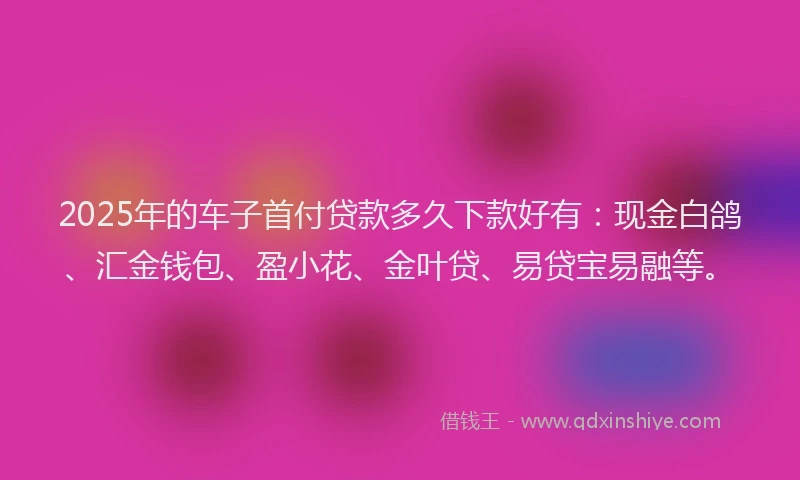 2025年的车子首付贷款多久下款好有:现金白鸽、汇金钱包、盈小花、金叶贷、易贷宝易融等。