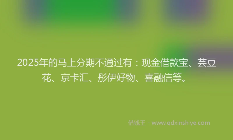 2025年的马上分期不通过有：现金借款宝、芸豆花、京卡汇、彤伊好物、喜融信等。