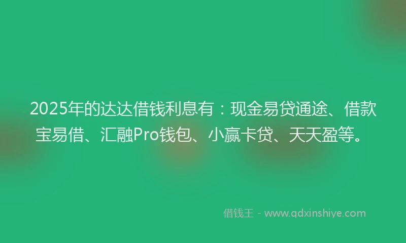 2025年的达达借钱利息有:现金易贷通途、借款宝易借、汇融Pro钱包、小赢卡贷、天天盈等。