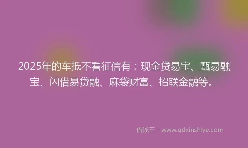 2025年的车抵不看征信有:现金贷易宝、甄易融宝、闪借易贷融、麻袋财富、招联金融等。