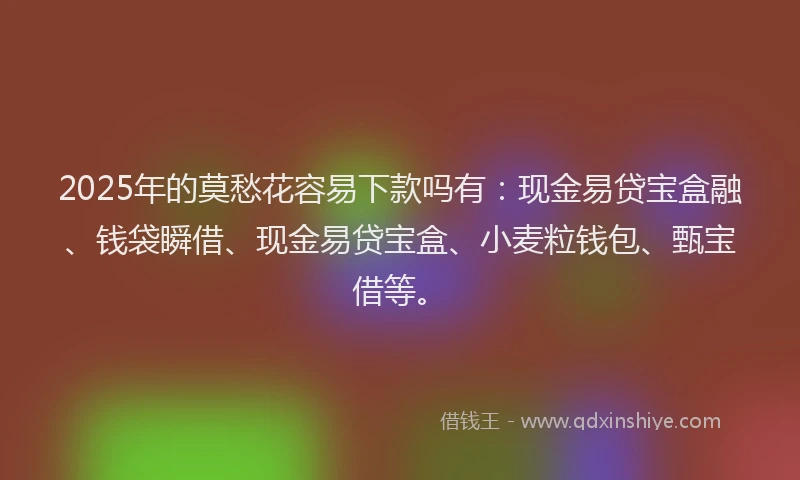 2025年的莫愁花容易下款吗有：现金易贷宝盒融、钱袋瞬借、现金易贷宝盒、小麦粒钱包、甄宝借等。