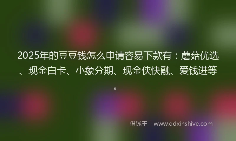 2025年的豆豆钱怎么申请容易下款有：蘑菇优选、现金白卡、小象分期、现金侠快融、爱钱进等。