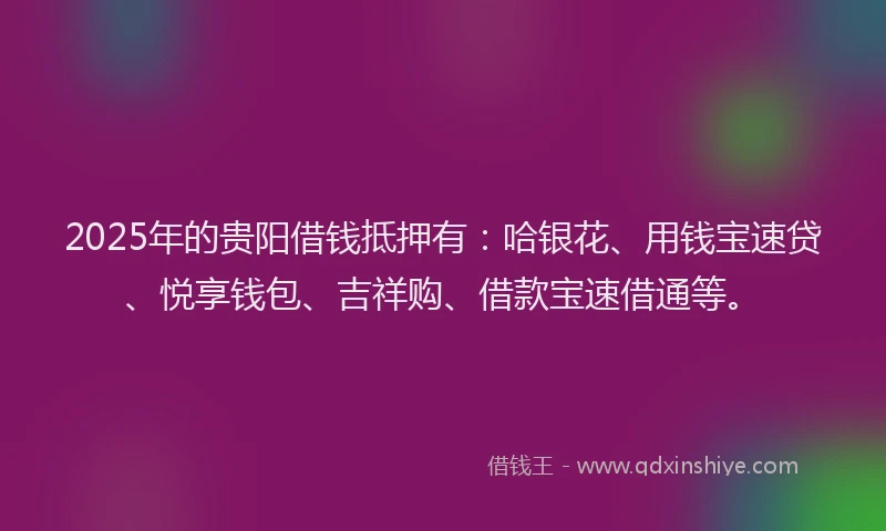 2025年的贵阳借钱抵押有:哈银花、用钱宝速贷、悦享钱包、吉祥购、借款宝速借通等。