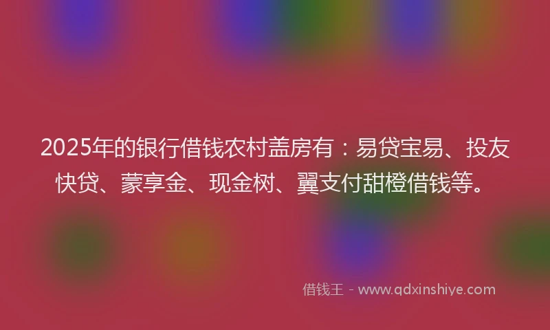 2025年的银行借钱农村盖房有:易贷宝易、投友快贷、蒙享金、现金树、翼支付甜橙借钱等。