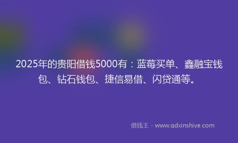 2025年的贵阳借钱5000有:蓝莓买单、鑫融宝钱包、钻石钱包、捷信易借、闪贷通等。