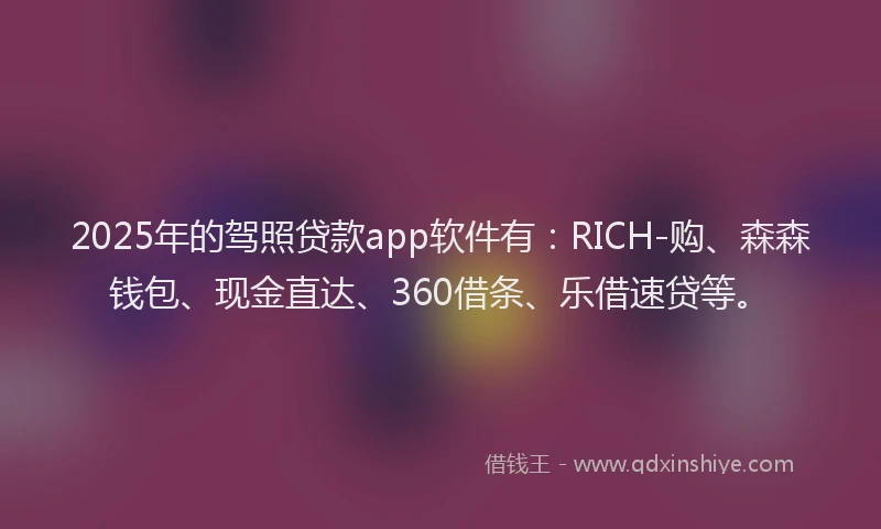 2025年的驾照贷款app软件有:RICH-购、森森钱包、现金直达、360借条、乐借速贷等。