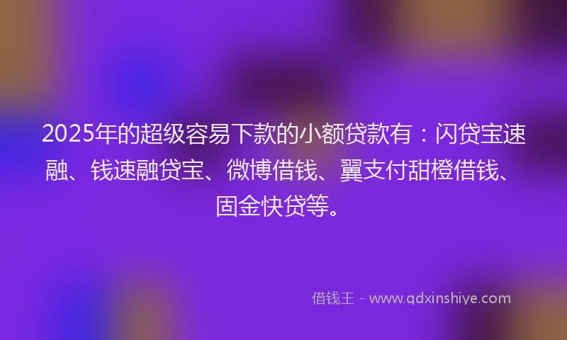 2025年的超级容易下款的小额贷款有：闪贷宝速融、钱速融贷宝、微博借钱、翼支付甜橙借钱、固金快贷等。