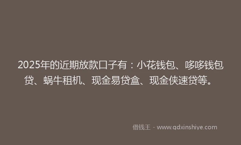 2025年的近期放款口子有：小花钱包、哆哆钱包贷、蜗牛租机、现金易贷盒、现金侠速贷等。