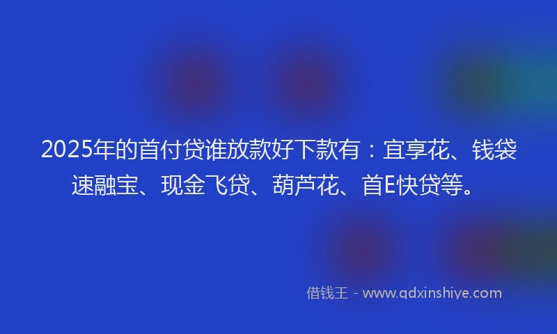 2025年的首付贷谁放款好下款有:宜享花、钱袋速融宝、现金飞贷、葫芦花、首E快贷等。