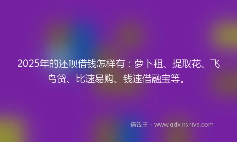 2025年的还呗借钱怎样有:萝卜租、提取花、飞鸟贷、比速易购、钱速借融宝等。
