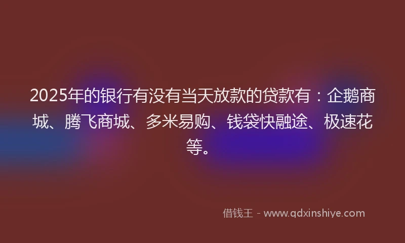 2025年的银行有没有当天放款的贷款有：企鹅商城、腾飞商城、多米易购、钱袋快融途、极速花等。