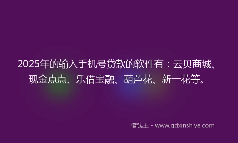 2025年的输入手机号贷款的软件有:云贝商城、现金点点、乐借宝融、葫芦花、新一花等。