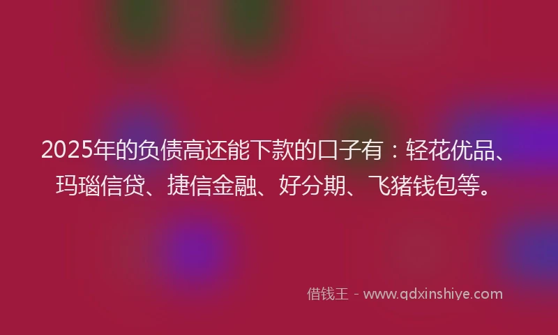 2025年的负债高还能下款的口子有:轻花优品、玛瑙信贷、捷信金融、好分期、飞猪钱包等。