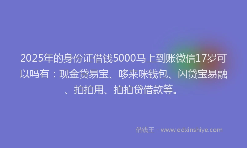 2025年的身份证借钱5000马上到账微信17岁可以吗有：现金贷易宝、哆来咪钱包、闪贷宝易融、拍拍用、拍拍贷借款等。