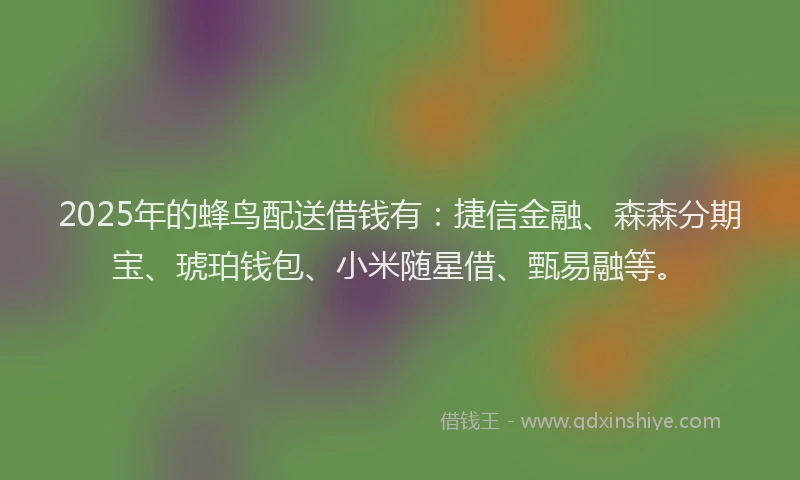 2025年的蜂鸟配送借钱有：捷信金融、森森分期宝、琥珀钱包、小米随星借、甄易融等。
