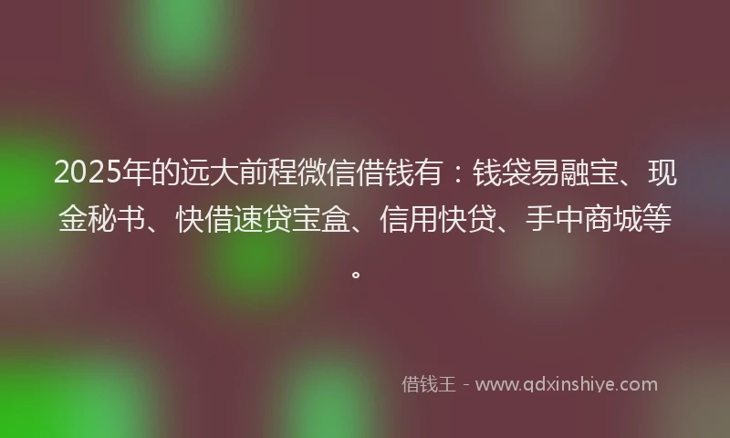 2025年的远大前程微信借钱有:钱袋易融宝、现金秘书、快借速贷宝盒、信用快贷、手中商城等。