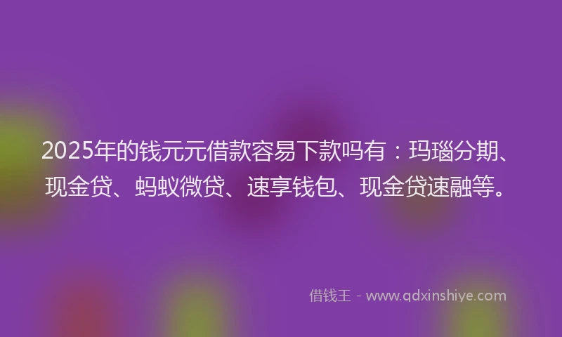 2025年的钱元元借款容易下款吗有：玛瑙分期、现金贷、蚂蚁微贷、速享钱包、现金贷速融等。