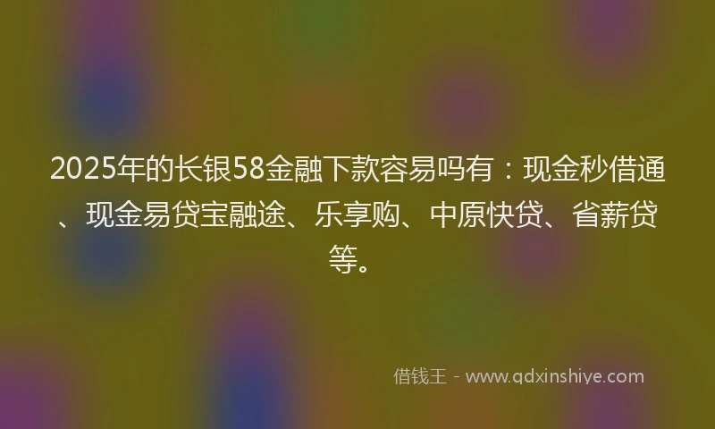 2025年的长银58金融下款容易吗有：现金秒借通、现金易贷宝融途、乐享购、中原快贷、省薪贷等。