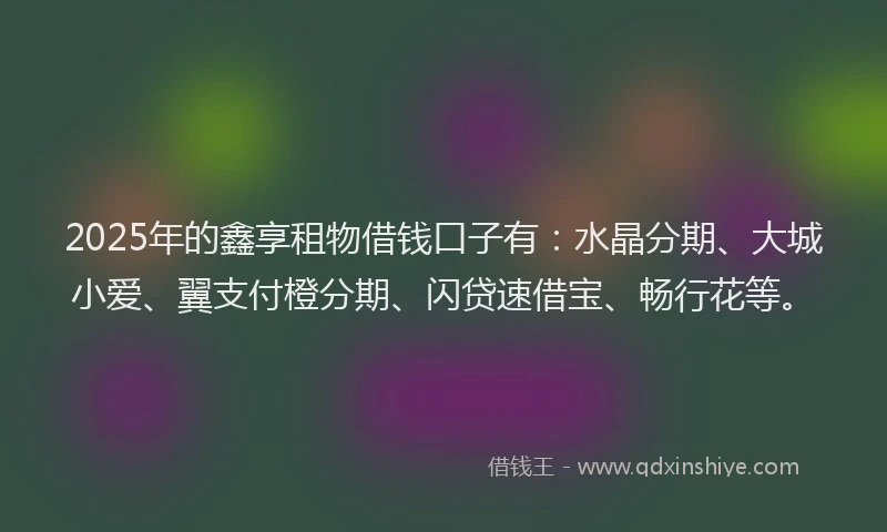 2025年的鑫享租物借钱口子有:水晶分期、大城小爱、翼支付橙分期、闪贷速借宝、畅行花等。