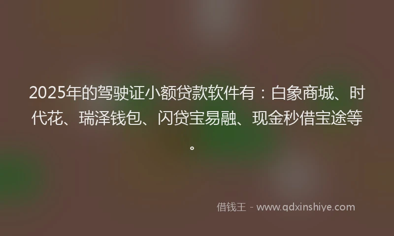 2025年的驾驶证小额贷款软件有:白象商城、时代花、瑞泽钱包、闪贷宝易融、现金秒借宝途等。