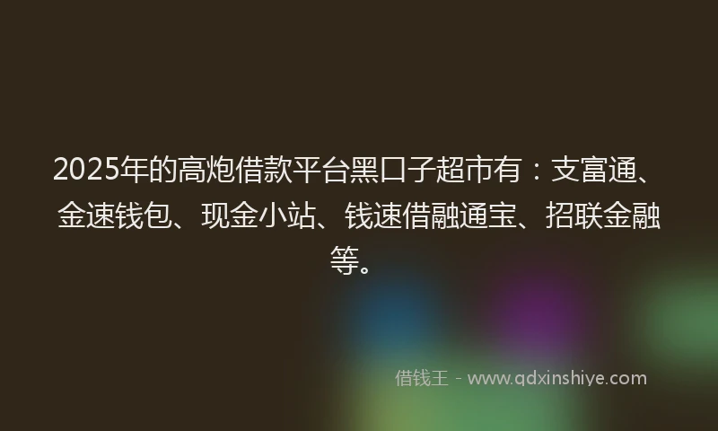 2025年的高炮借款平台黑口子超市有：支富通、金速钱包、现金小站、钱速借融通宝、招联金融等。