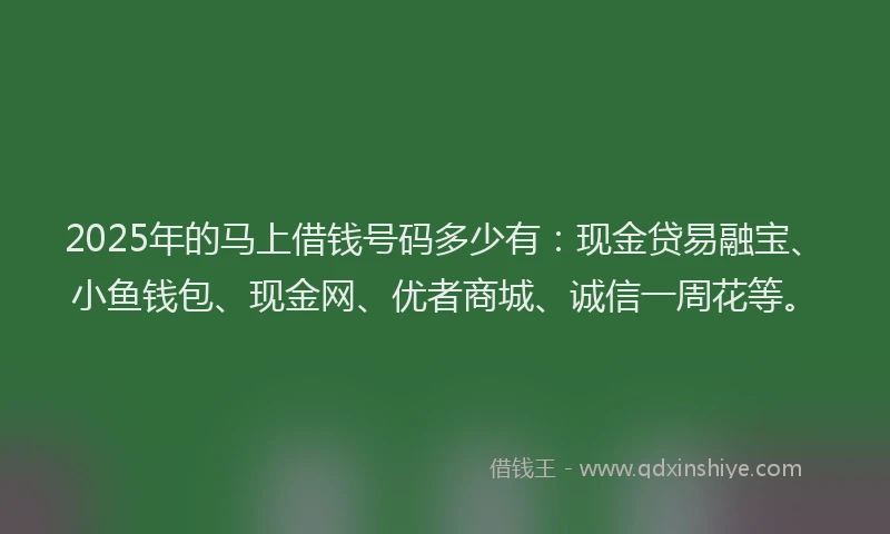 2025年的马上借钱号码多少有：现金贷易融宝、小鱼钱包、现金网、优者商城、诚信一周花等。