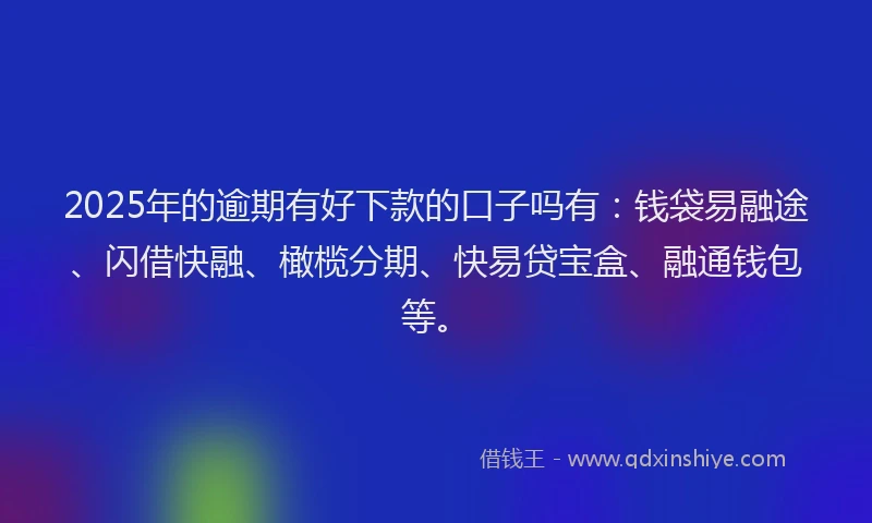 2025年的逾期有好下款的口子吗有:钱袋易融途、闪借快融、橄榄分期、快易贷宝盒、融通钱包等。