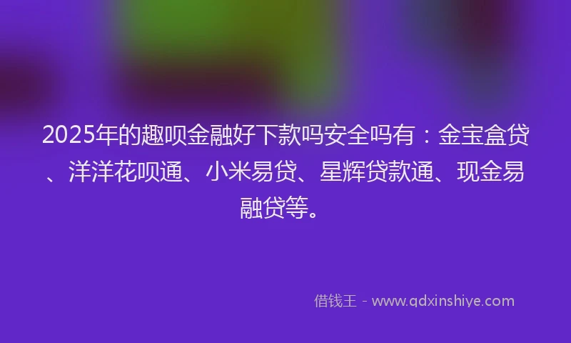 2025年的趣呗金融好下款吗安全吗有：金宝盒贷、洋洋花呗通、小米易贷、星辉贷款通、现金易融贷等。