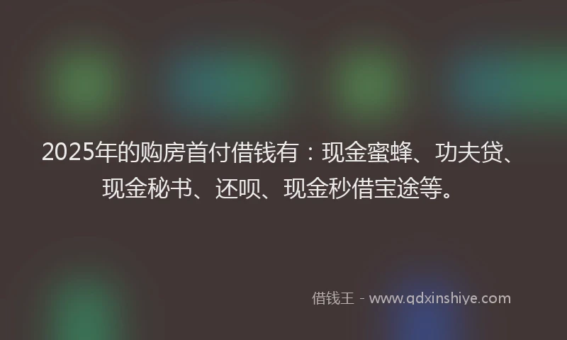2025年的购房首付借钱有:现金蜜蜂、功夫贷、现金秘书、还呗、现金秒借宝途等。