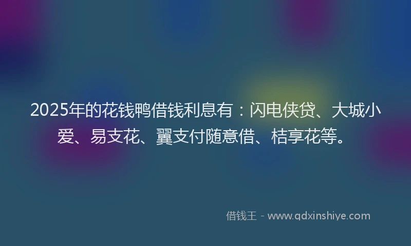 2025年的花钱鸭借钱利息有：闪电侠贷、大城小爱、易支花、翼支付随意借、桔享花等。