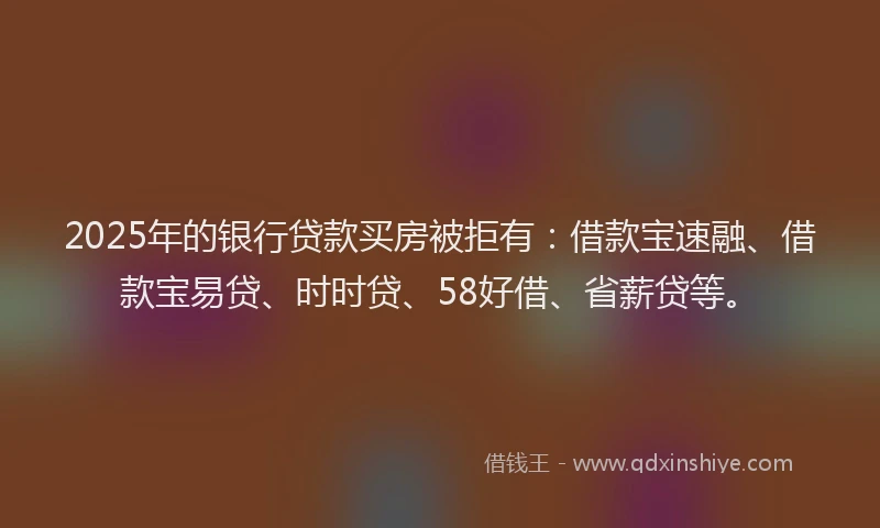 2025年的银行贷款买房被拒有：借款宝速融、借款宝易贷、时时贷、58好借、省薪贷等。