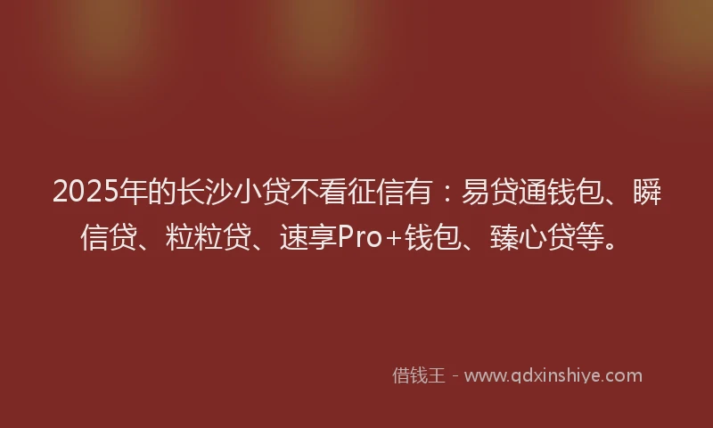 2025年的长沙小贷不看征信有:易贷通钱包、瞬信贷、粒粒贷、速享Pro+钱包、臻心贷等。
