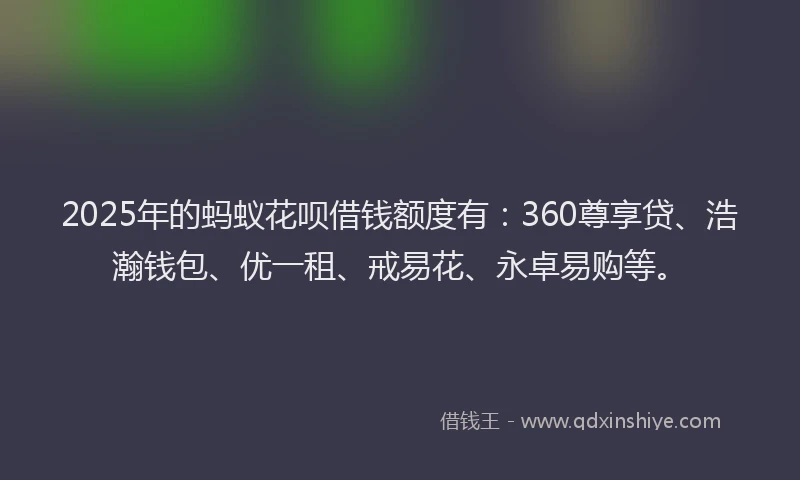 2025年的蚂蚁花呗借钱额度有：360尊享贷、浩瀚钱包、优一租、戒易花、永卓易购等。
