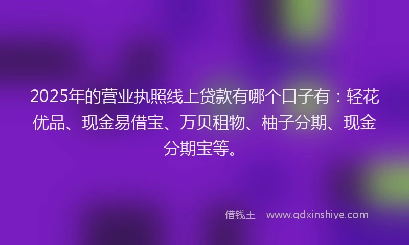2025年的营业执照线上贷款有哪个口子有：轻花优品、现金易借宝、万贝租物、柚子分期、现金分期宝等。