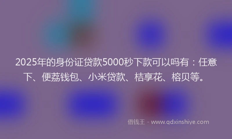 2025年的身份证贷款5000秒下款可以吗有：任意下、便荔钱包、小米贷款、桔享花、榕贝等。