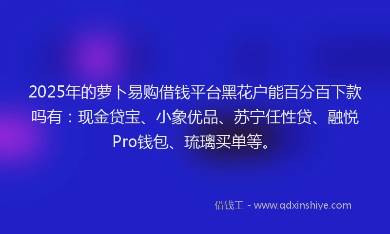 2025年的萝卜易购借钱平台黑花户能百分百下款吗有：现金贷宝、小象优品、苏宁任性贷、融悦Pro钱包、琉璃买单等。